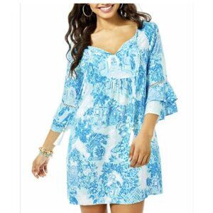 Lilly Pulitzer Azita Dress Womens XL Blue Tropical Tassel Tunic 3/4 Sleeve
